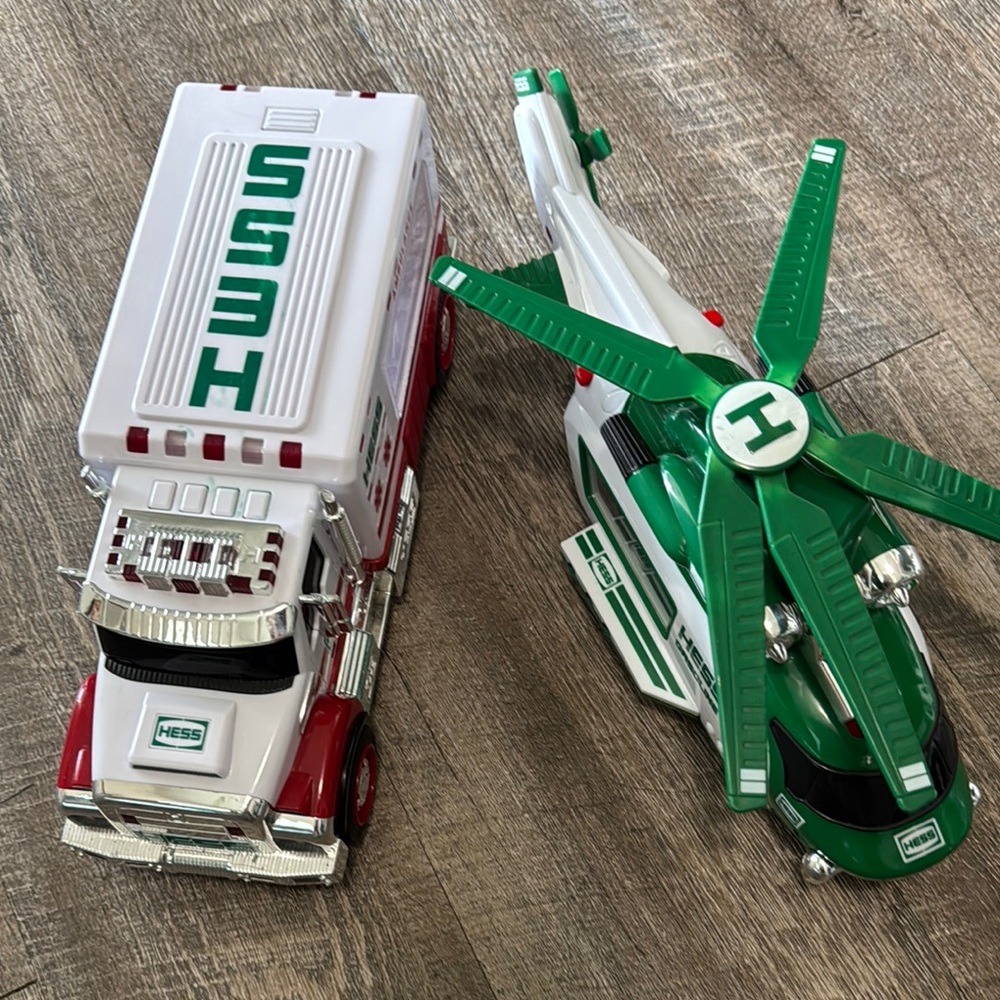Green and White Toy Truck and Helicopter Set Hess Lights and Sounds